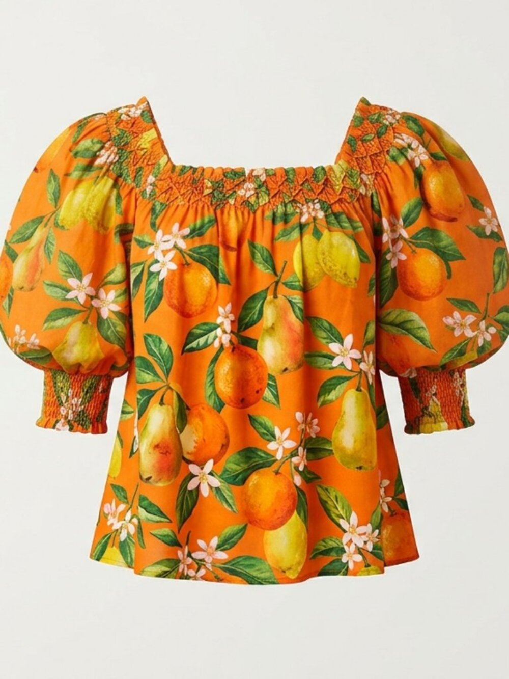 FARM Rio Orange Pear Lemon Fruit Print Smocked Off-Shoulder Puff Sleeve Blouse M - Picture 2 of 9
